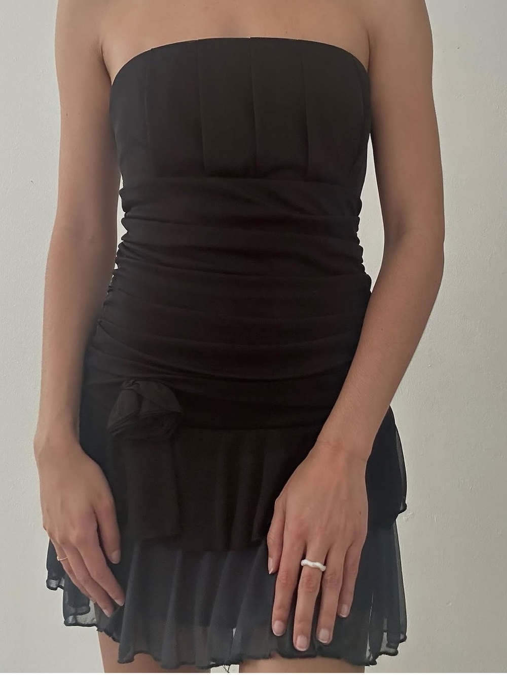 Strapless Black Ruched Mini Dress with Rose